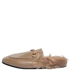 Pre Owned حذاء مولز غوتشي فلات برنستاون فرو وجلد رمادي مقاس 36