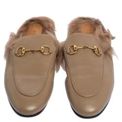 Pre Owned حذاء مولز غوتشي فلات برنستاون فرو وجلد رمادي مقاس 36