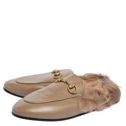 Pre Owned حذاء مولز غوتشي فلات برنستاون فرو وجلد رمادي مقاس 36