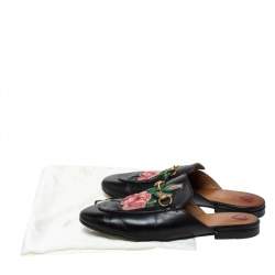 Pre Owned Gucci Black Leather Princetown Flower Embroidered Flat Mules Size 38.5