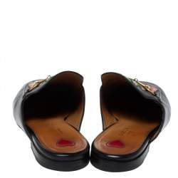 Pre Owned Gucci Black Leather Princetown Flower Embroidered Flat Mules Size 38.5
