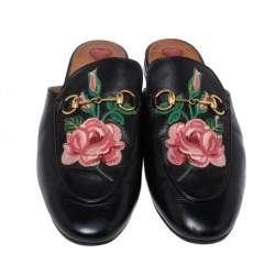 Pre Owned Gucci Black Leather Princetown Flower Embroidered Flat Mules Size 38.5