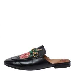 Pre Owned Gucci Black Leather Princetown Flower Embroidered Flat Mules Size 38.5