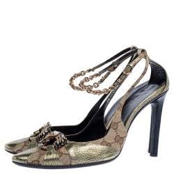 Pre Owned Gucci Monogram Canvas And Bronze Leather Tom Ford Era Dragon Embellished Ankle Strap Pumps Size 38.5