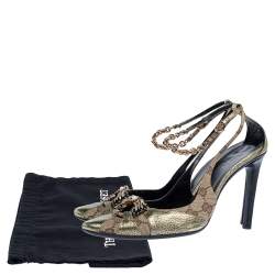 Pre Owned Gucci Monogram Canvas And Bronze Leather Tom Ford Era Dragon Embellished Ankle Strap Pumps Size 38.5