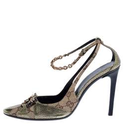Pre Owned Gucci Monogram Canvas And Bronze Leather Tom Ford Era Dragon Embellished Ankle Strap Pumps Size 38.5