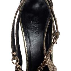 Pre Owned Gucci Monogram Canvas And Bronze Leather Tom Ford Era Dragon Embellished Ankle Strap Pumps Size 38.5