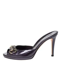 Pre Owned Gucci Purple Guccissima Patent Leather Peep Toe Horsebit Slides Size 37