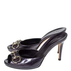 Pre Owned Gucci Purple Guccissima Patent Leather Peep Toe Horsebit Slides Size 37