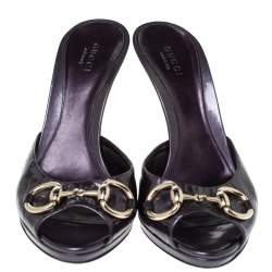 Pre Owned Gucci Purple Guccissima Patent Leather Peep Toe Horsebit Slides Size 37