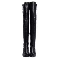Pre Owned Gucci Black Leather Horsebit Over the Knee Boots Size 37.5