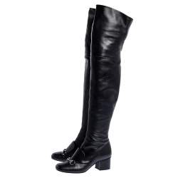 Pre Owned Gucci Black Leather Horsebit Over the Knee Boots Size 37.5