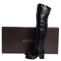 Pre Owned Gucci Black Leather Horsebit Over the Knee Boots Size 37.5