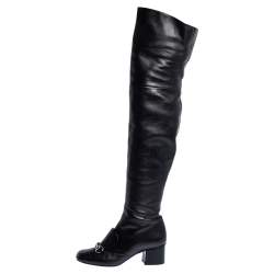 Pre Owned Gucci Black Leather Horsebit Over the Knee Boots Size 37.5