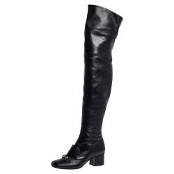 Pre Owned Gucci Black Leather Horsebit Over the Knee Boots Size 37.5
