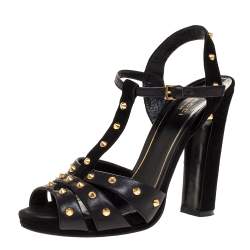 Pre Owned Gucci Black Studded Leather T-Strap Slingback Sandals Size 37