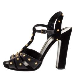 Pre Owned Gucci Black Studded Leather T-Strap Slingback Sandals Size 37
