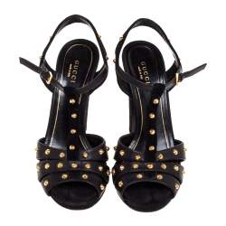 Pre Owned Gucci Black Studded Leather T-Strap Slingback Sandals Size 37