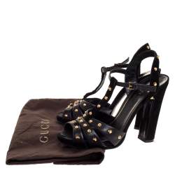 Pre Owned Gucci Black Studded Leather T-Strap Slingback Sandals Size 37