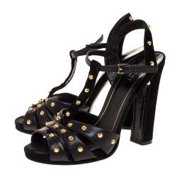 Pre Owned Gucci Black Studded Leather T-Strap Slingback Sandals Size 37