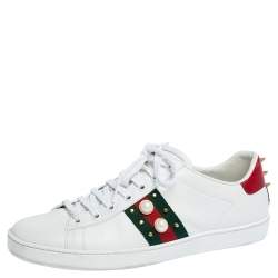 مملوكة مسبقًا Gucci White Leather Web Detail New Ace Faux Pearl Embellished Low Top Sneakers Size 40