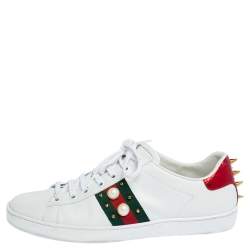 مملوكة مسبقًا Gucci White Leather Web Detail New Ace Faux Pearl Embellished Low Top Sneakers Size 40