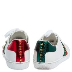 مملوكة مسبقًا Gucci White Leather Web Detail New Ace Faux Pearl Embellished Low Top Sneakers Size 40