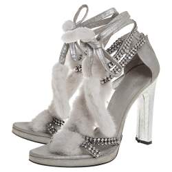 Tom Ford For Gucci Silver Leather And Mink Fur Strappy Ankle Wrap Sandals Size 40.5