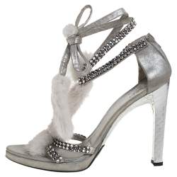 Tom Ford For Gucci Silver Leather And Mink Fur Strappy Ankle Wrap Sandals Size 40.5