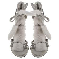 Tom Ford For Gucci Silver Leather And Mink Fur Strappy Ankle Wrap Sandals Size 40.5