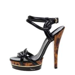 مملوكة مسبقًا Gucci Black Patent Leather Orchid Twist Detail Tortoise Heel Platform Sandals Size 36