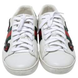 Gucci White Leather Crystal Embellished Arrow Ace Low Top Sneakers Size 36