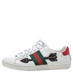 Gucci White Leather Crystal Embellished Arrow Ace Low Top Sneakers Size 36