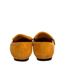 مملوكة مسبقًا Gucci Yellow Suede Leather GG Marmont Fringe Detail Ballet Flats Size 36
