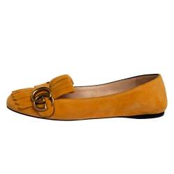 مملوكة مسبقًا Gucci Yellow Suede Leather GG Marmont Fringe Detail Ballet Flats Size 36
