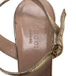 Pre Owned Gucci Metallic Gold Foil Leather Marmont Block Heel Ankle Strap Sandals Size 36