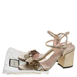 Pre Owned Gucci Metallic Gold Foil Leather Marmont Block Heel Ankle Strap Sandals Size 36