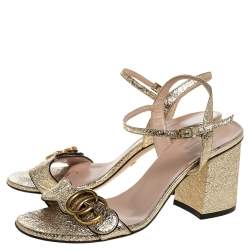 Pre Owned Gucci Metallic Gold Foil Leather Marmont Block Heel Ankle Strap Sandals Size 36