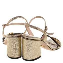 Pre Owned Gucci Metallic Gold Foil Leather Marmont Block Heel Ankle Strap Sandals Size 36