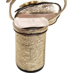 Pre Owned Gucci Metallic Gold Foil Leather Marmont Block Heel Ankle Strap Sandals Size 36