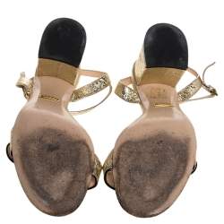 Pre Owned Gucci Metallic Gold Foil Leather Marmont Block Heel Ankle Strap Sandals Size 36