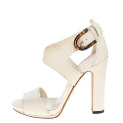 مملوكة مسبقًا Gucci White Leather Lifford Bamboo Buckle Block Heel Sandals Size 37.5