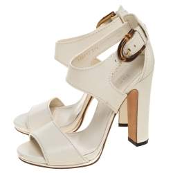 مملوكة مسبقًا Gucci White Leather Lifford Bamboo Buckle Block Heel Sandals Size 37.5