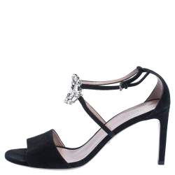 Gucci Black Suede Leather Crystal Embellished GG Interlock Ankle Strap Sandals Size 40