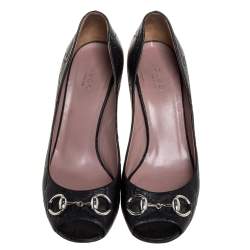 Gucci Black Guccissima Leather Jolene Horsebit Peep Toe Pumps Size 38