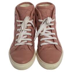 Pre Owned Gucci Pink GG Supreme Canvas and Leather Cap Toe High Top Sneakers Size 35