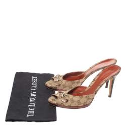 Pre Owned Gucci Beige/Brown GG Canvas And Leather Horsebit Peep Toe Sandals Size 41