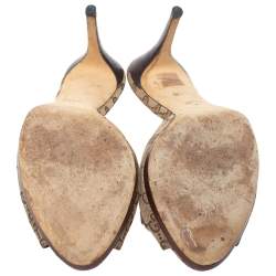 Pre Owned Gucci Beige/Brown GG Canvas And Leather Horsebit Peep Toe Sandals Size 41