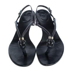 Pre Owned Gucci Black Leather Block Heel Ankle Strap Thong Sandals Size 41