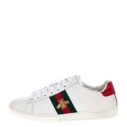 مملوكة مسبقًا Gucci White Leather Embroidered Bee Ace Low-Top Sneakers Size 37